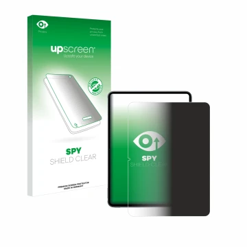 Parte frontal de un envase de producto con el logotipo de la marca upscreen. Al lado se muestra el dispositivo OnePlus Pad 2 (