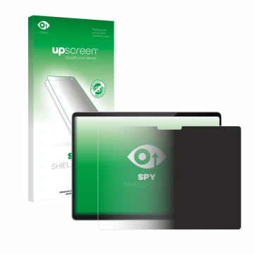 Parte frontal de un envase de producto con el logotipo de la marca upscreen. Al lado se muestra el dispositivo Microsoft Surfa