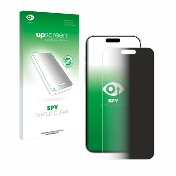 Parte frontal de un envase de producto con el logotipo de la marca upscreen. Al lado se muestra el dispositivo Apple iPhone 16