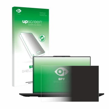 Parte frontal de un envase de producto con el logotipo de la marca upscreen. Al lado se muestra el dispositivo Lenovo ThinkPad