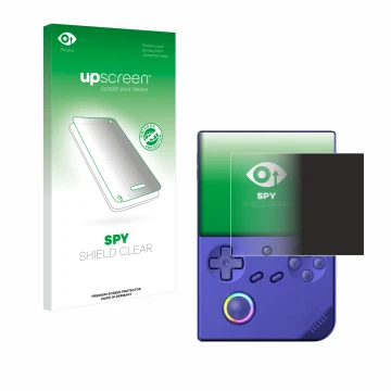 Parte frontal de un envase de producto con el logotipo de la marca upscreen. Al lado se muestra el dispositivo Anbernic RG40XX