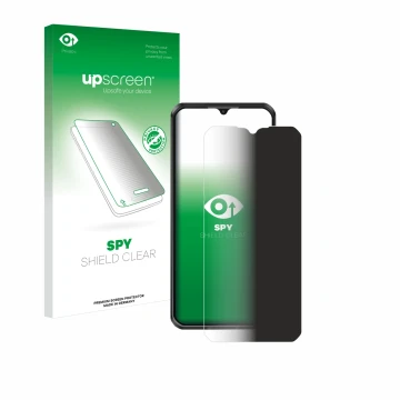 Parte frontal de un envase de producto con el logotipo de la marca upscreen. Al lado se muestra el dispositivo Oukitel WP50 co