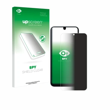 Parte frontal de un envase de producto con el logotipo de la marca upscreen. Al lado se muestra el dispositivo Samsung Galaxy 