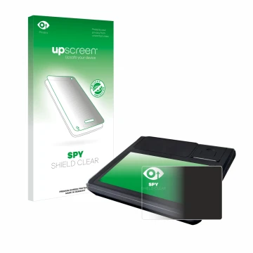Parte frontal de un envase de producto con el logotipo de la marca upscreen. Al lado se muestra el dispositivo Techfive ECR 10