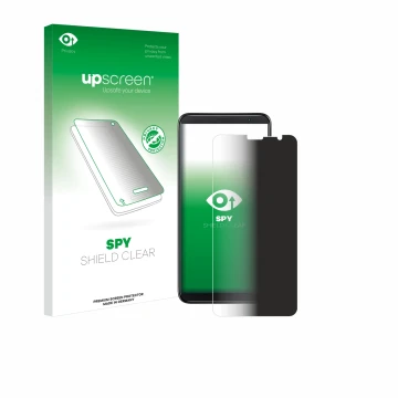 Parte frontal de un envase de producto con el logotipo de la marca upscreen. Al lado se muestra el dispositivo TCL 403 con su 