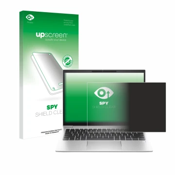 Parte frontal de un envase de producto con el logotipo de la marca upscreen. Al lado se muestra el dispositivo HP EliteBook 83