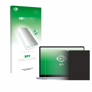 Parte frontal de un envase de producto con el logotipo de la marca upscreen. Al lado se muestra el dispositivo Dell Inspiron 1