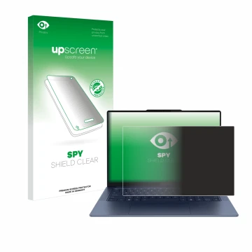 Parte frontal de un envase de producto con el logotipo de la marca upscreen. Al lado se muestra el dispositivo Lenovo Yoga Sli
