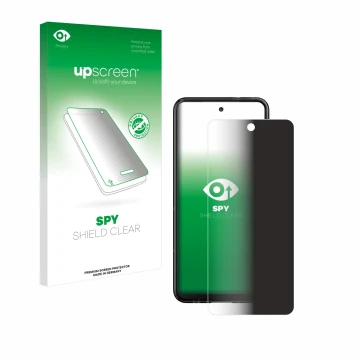 Parte frontal de un envase de producto con el logotipo de la marca upscreen. Al lado se muestra el dispositivo HMD Fusion con 