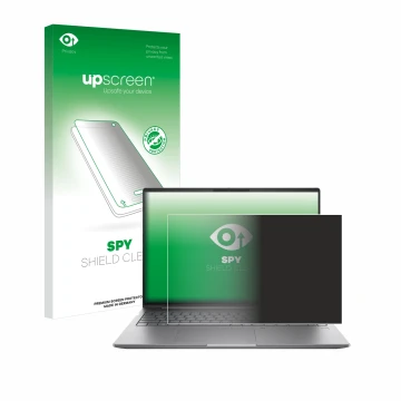 Parte frontal de un envase de producto con el logotipo de la marca upscreen. Al lado se muestra el dispositivo HP ZBook Power 