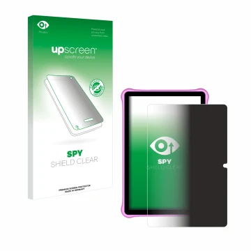 Parte frontal de un envase de producto con el logotipo de la marca upscreen. Al lado se muestra el dispositivo Blackview Tab A