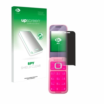 Parte frontal de un envase de producto con el logotipo de la marca upscreen. Al lado se muestra el dispositivo HMD Barbie Phon