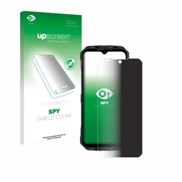 Parte frontal de un envase de producto con el logotipo de la marca upscreen. Al lado se muestra el dispositivo Doogee V Max Pl