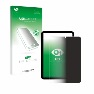 Parte frontal de un envase de producto con el logotipo de la marca upscreen. Al lado se muestra el dispositivo Apple iPad Mini