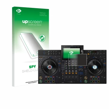 Parte frontal de un envase de producto con el logotipo de la marca upscreen. Al lado se muestra el dispositivo AlphaTheta XDJ-
