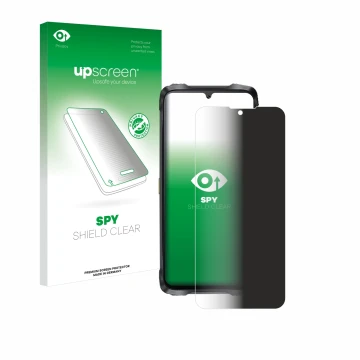 Parte frontal de un envase de producto con el logotipo de la marca upscreen. Al lado se muestra el dispositivo Cubot King Kong