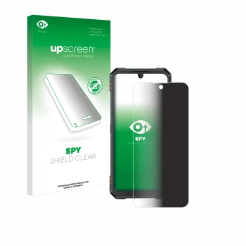 Parte frontal de un envase de producto con el logotipo de la marca upscreen. Al lado se muestra el dispositivo Cubot King Kong