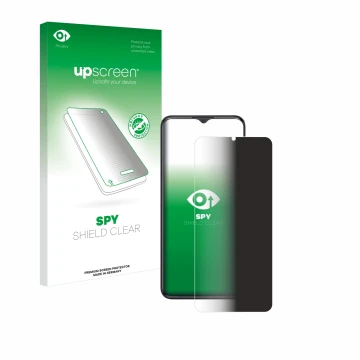 Parte frontal de un envase de producto con el logotipo de la marca upscreen. Al lado se muestra el dispositivo ZTE Blade A34 c