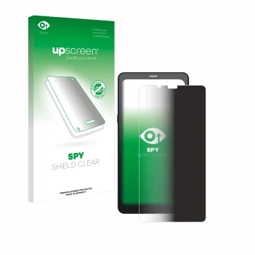 Parte frontal de un envase de producto con el logotipo de la marca upscreen. Al lado se muestra el dispositivo Boox Palma 2 co