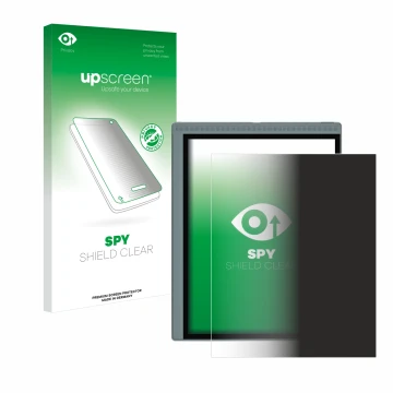 Parte frontal de un envase de producto con el logotipo de la marca upscreen. Al lado se muestra el dispositivo Bigme B1051C co