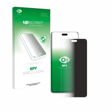 Parte frontal de un envase de producto con el logotipo de la marca upscreen. Al lado se muestra el dispositivo Huawei Nova 13 