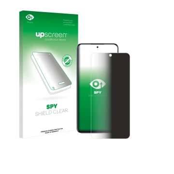 Parte frontal de un envase de producto con el logotipo de la marca upscreen. Al lado se muestra el dispositivo Infinix Hot 50 
