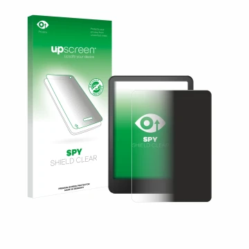 Parte frontal de un envase de producto con el logotipo de la marca upscreen. Al lado se muestra el dispositivo Amazon Kindle C