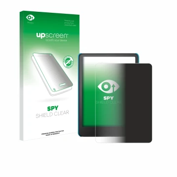 Parte frontal de un envase de producto con el logotipo de la marca upscreen. Al lado se muestra el dispositivo Amazon Kindle P