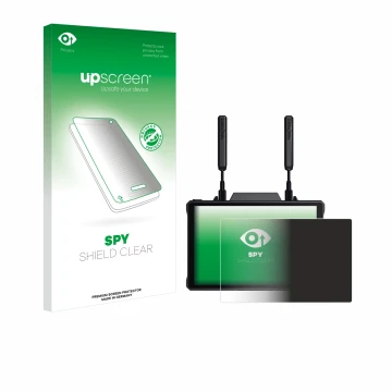 Parte frontal de un envase de producto con el logotipo de la marca upscreen. Al lado se muestra el dispositivo Hollyland Pyro 