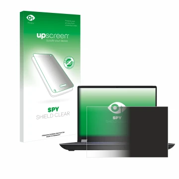 Parte frontal de un envase de producto con el logotipo de la marca upscreen. Al lado se muestra el dispositivo Lenovo ThinkPad