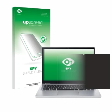 Parte frontal de un envase de producto con el logotipo de la marca upscreen. Al lado se muestra el dispositivo Acer Aspire 3 S