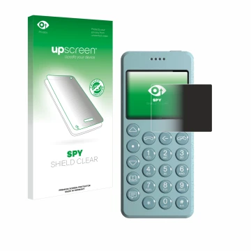 Parte frontal de un envase de producto con el logotipo de la marca upscreen. Al lado se muestra el dispositivo Punkt MP02 con 