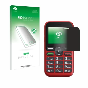 Parte frontal de un envase de producto con el logotipo de la marca upscreen. Al lado se muestra el dispositivo Doro Leva L10 c