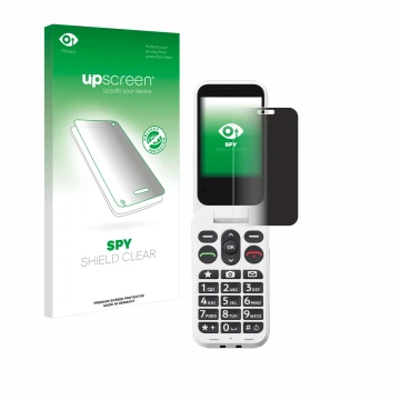 Parte frontal de un envase de producto con el logotipo de la marca upscreen. Al lado se muestra el dispositivo Doro Leva L30 c