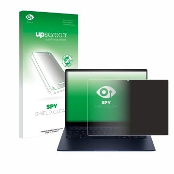 Parte frontal de un envase de producto con el logotipo de la marca upscreen. Al lado se muestra el dispositivo HP EliteBook Ul