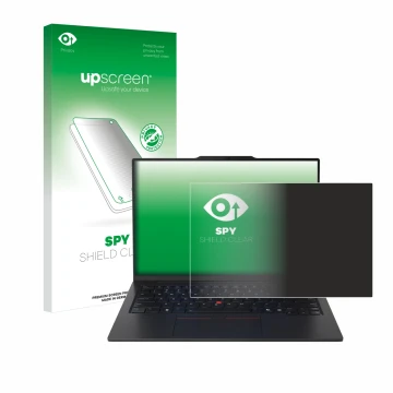 Parte frontal de un envase de producto con el logotipo de la marca upscreen. Al lado se muestra el dispositivo Lenovo ThinkPad