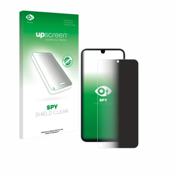 Parte frontal de un envase de producto con el logotipo de la marca upscreen. Al lado se muestra el dispositivo Samsung Galaxy 