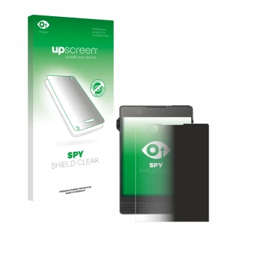 Parte frontal de un envase de producto con el logotipo de la marca upscreen. Al lado se muestra el dispositivo Light Phone 3 c