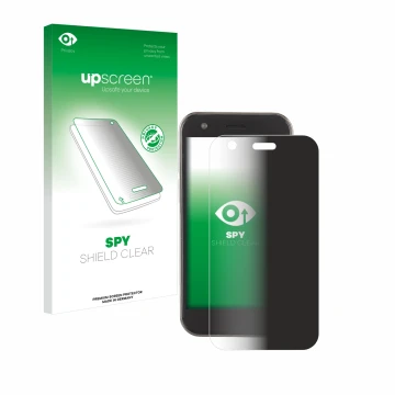 Parte frontal de un envase de producto con el logotipo de la marca upscreen. Al lado se muestra el dispositivo Soyes XS12 con 