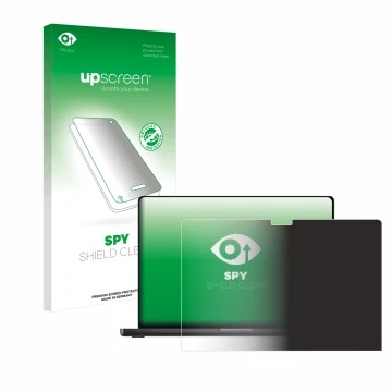 Parte frontal de un envase de producto con el logotipo de la marca upscreen. Al lado se muestra el dispositivo Apple MacBook P