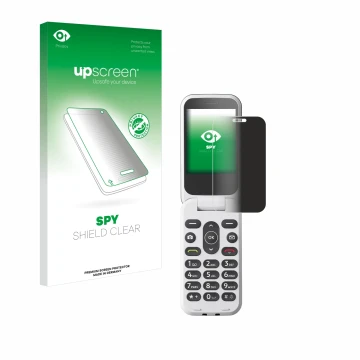 Parte frontal de un envase de producto con el logotipo de la marca upscreen. Al lado se muestra el dispositivo Doro 2820 con s