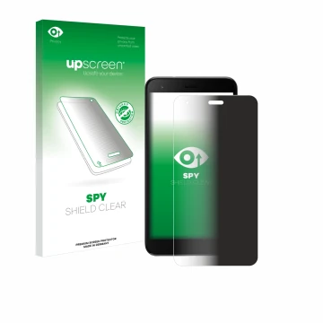 Parte frontal de un envase de producto con el logotipo de la marca upscreen. Al lado se muestra el dispositivo ZTE Blade A35 l