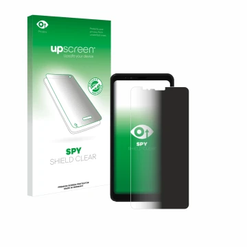 Parte frontal de un envase de producto con el logotipo de la marca upscreen. Al lado se muestra el dispositivo Bigme Hibreak E