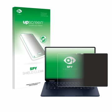Parte frontal de un envase de producto con el logotipo de la marca upscreen. Al lado se muestra el dispositivo HP OmniBook Ult