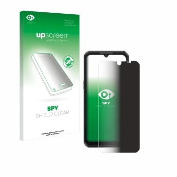 Parte frontal de un envase de producto con el logotipo de la marca upscreen. Al lado se muestra el dispositivo Oukitel WP39 co