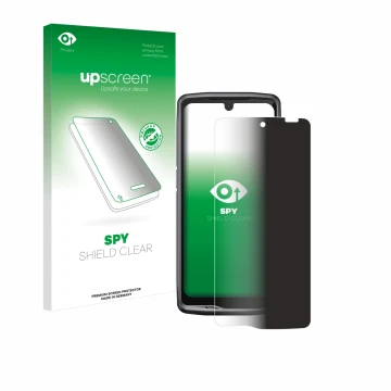Parte frontal de un envase de producto con el logotipo de la marca upscreen. Al lado se muestra el dispositivo Crosscall Stell