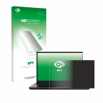 Parte frontal de un envase de producto con el logotipo de la marca upscreen. Al lado se muestra el dispositivo Razer Blade 16 