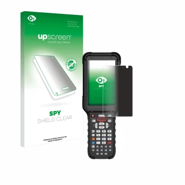 Parte frontal de un envase de producto con el logotipo de la marca upscreen. Al lado se muestra el dispositivo Honeywell CK67 