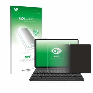Parte frontal de un envase de producto con el logotipo de la marca upscreen. Al lado se muestra el dispositivo BESTTAB A20 con