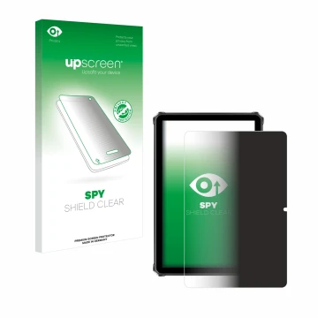 Parte frontal de un envase de producto con el logotipo de la marca upscreen. Al lado se muestra el dispositivo Oukitel RT9 con